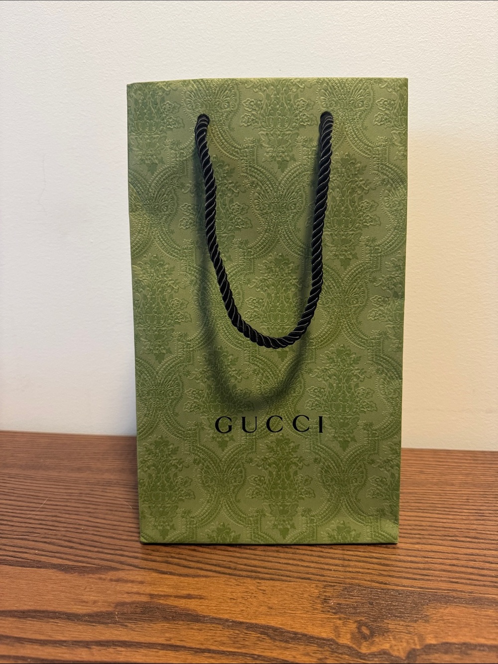 Authentic Gucci Olive Green Embossed Gift Bag with Black Rope Handles